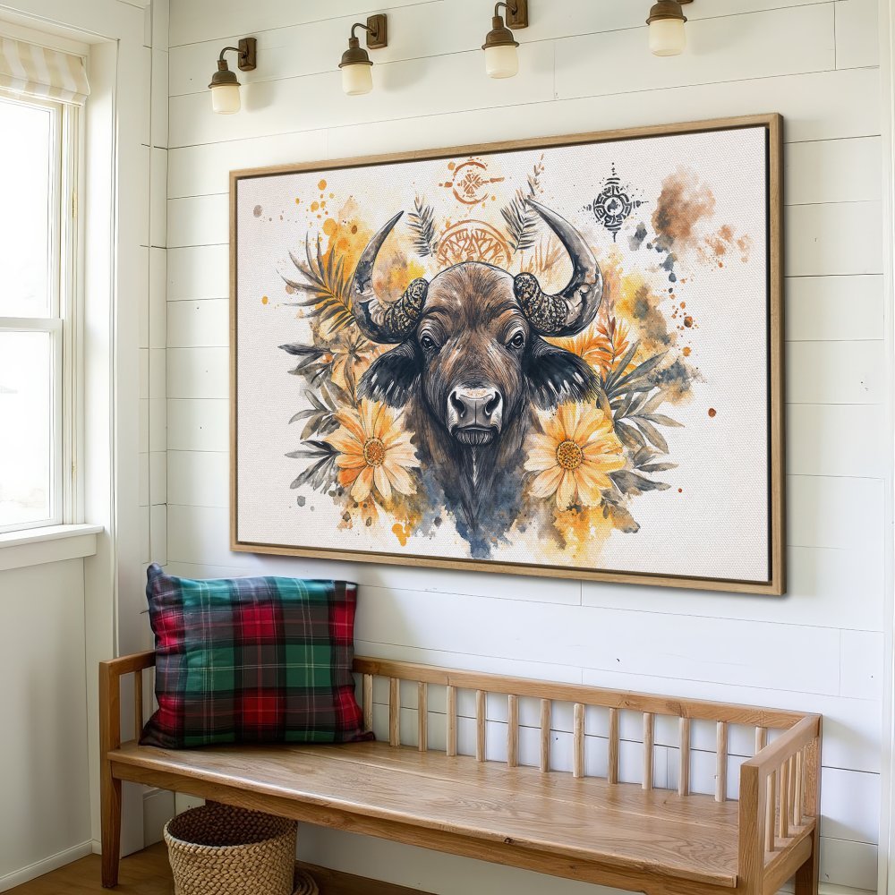 Framed Wall Art: Watercolor buffalo print with yellow and orange floral accents. Rustic decor in a warm, inviting color palette.