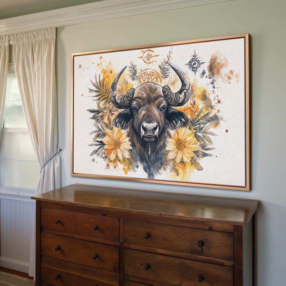 Canvas Print featuring a watercolor buffalo with floral accents. Warm yellow and brown tones. Perfect for rustic decor.