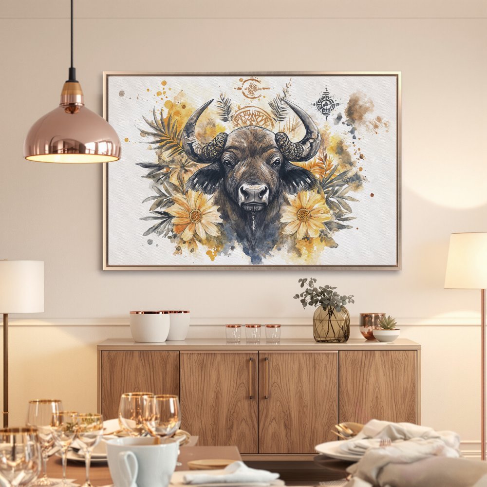 Framed Wall Art: Majestic buffalo watercolor print with floral accents. Warm yellow, brown, and gray palette. Perfect for adding a touch of nature to your home decor.