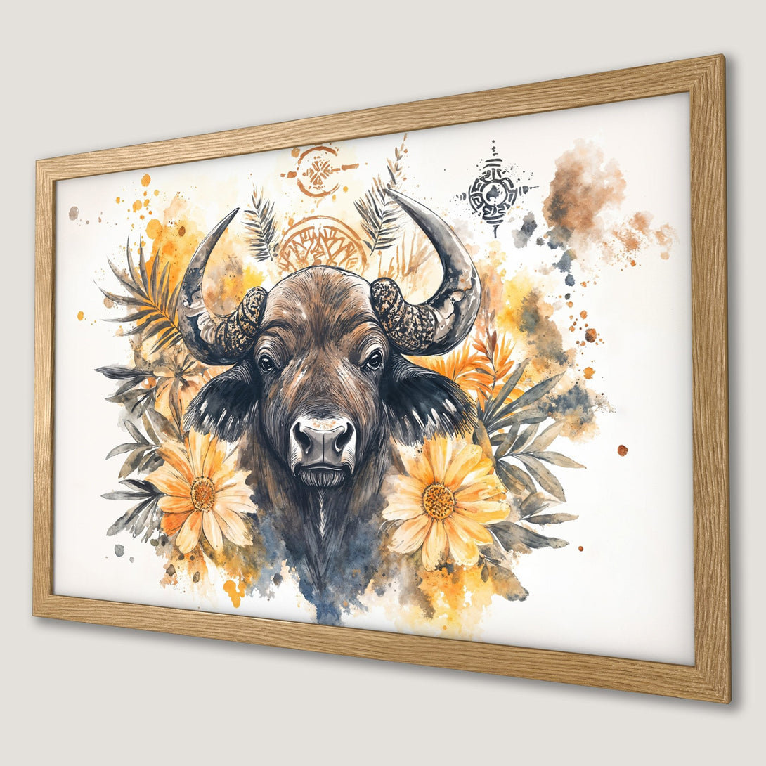 Framed Poster featuring a watercolor buffalo with floral accents. Earthy tones of yellow, brown, and grey create a stunning art piece.