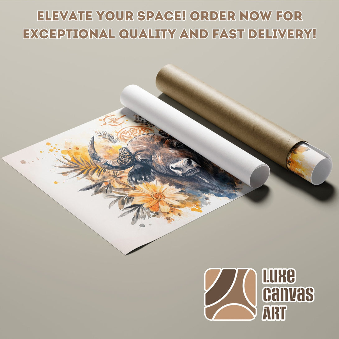Watercolor Poster Roll featuring a bison with floral accents in warm earthy tones.