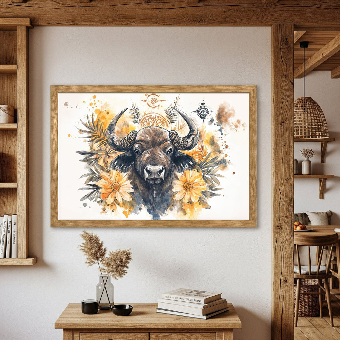 Framed Poster featuring a watercolor buffalo with floral accents. Earthy tones of brown, yellow, and blue create a rustic, artistic vibe. Perfect wall art!