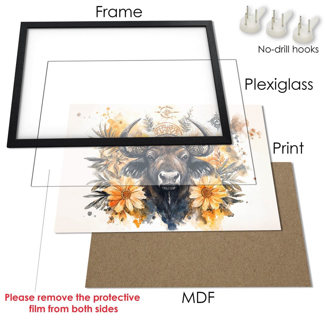 Framed Poster featuring a watercolor buffalo with floral accents. Earthy tones and warm palette create a rustic, artistic vibe.