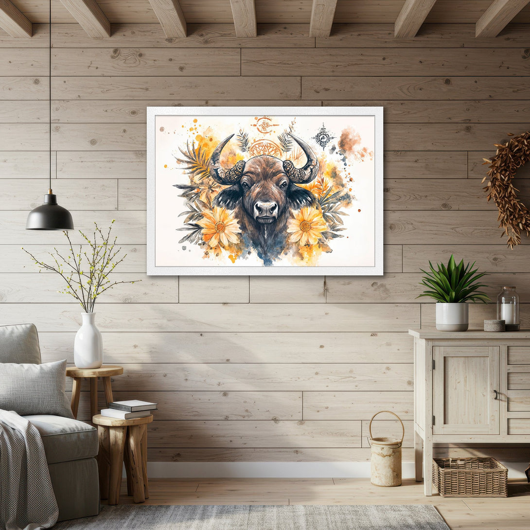 Framed Poster featuring a watercolor bull with floral accents. Earthy tones of brown, yellow, and blue. Perfect wall art!