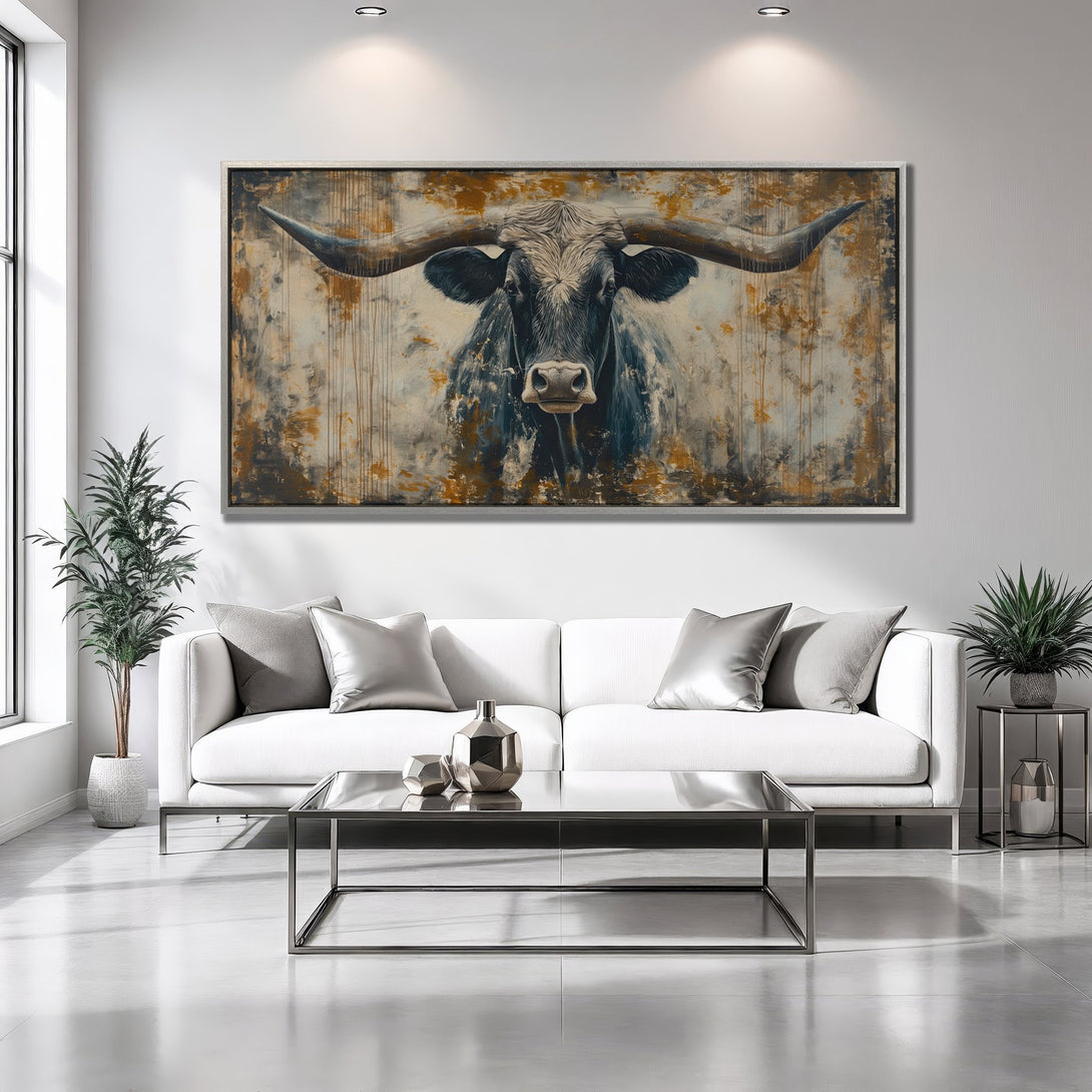 Framed Wall Art: Abstract bull portrait in neutral tones. Rustic style canvas print adds a touch of modern farmhouse decor. Shop now!