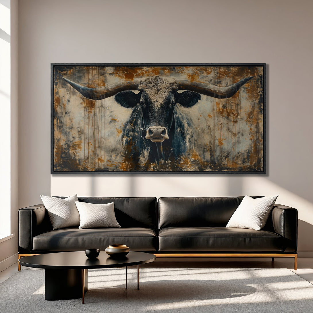 Framed Wall Art featuring a majestic bull in an abstract style, with a warm, earthy color palette. Perfect for modern home decor.