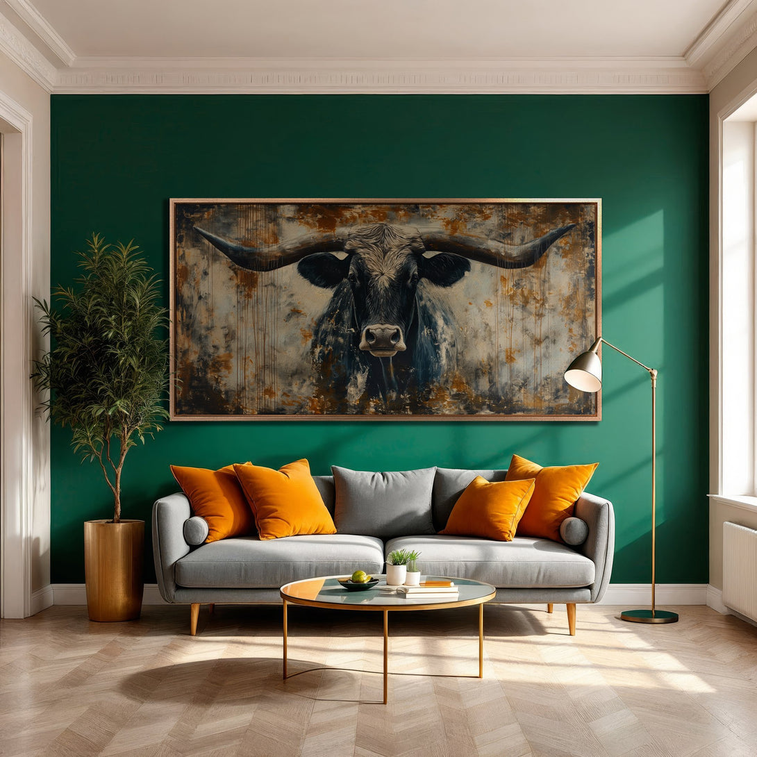 Framed Wall Art: Moody bull portrait in a modern interior with a green and orange color palette. Rustic style Canvas Print to elevate your home decor.