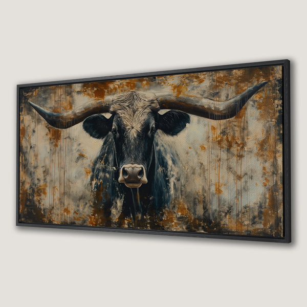 Framed Wall Art: Impressive longhorn bull painting in rustic style. Earthy tones of brown, black, and gray create a stunning focal point for any space.
