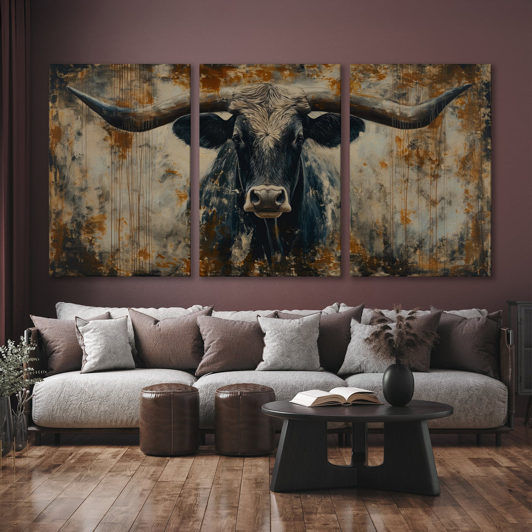 Abstract Canvas Print of a bull in a modern living room. Earthy color palette with black, brown, and beige tones. Perfect for rustic decor.