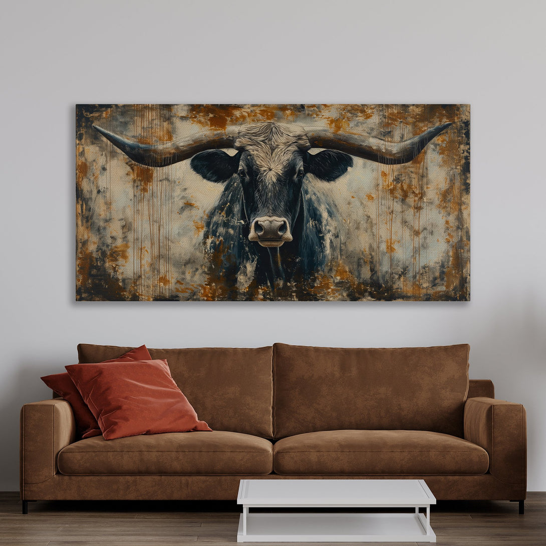 Framed Wall Art: Abstract bull painting in neutral tones. Rustic style with gold frame. Perfect for modern farmhouse decor. Shop now!