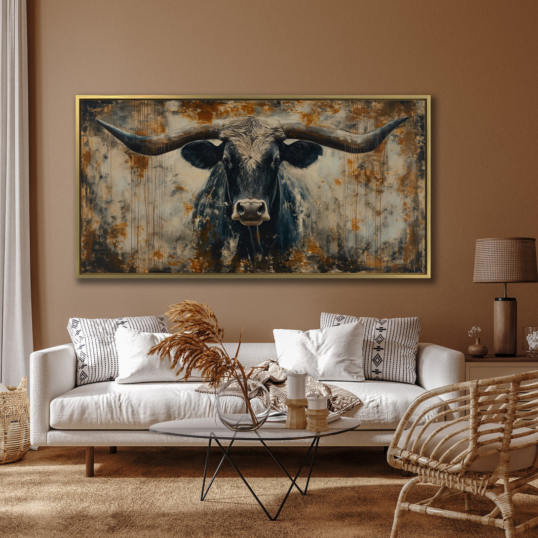 Canvas Print of a majestic bull, rustic style, earthy tones. Perfect wall art to elevate your space.