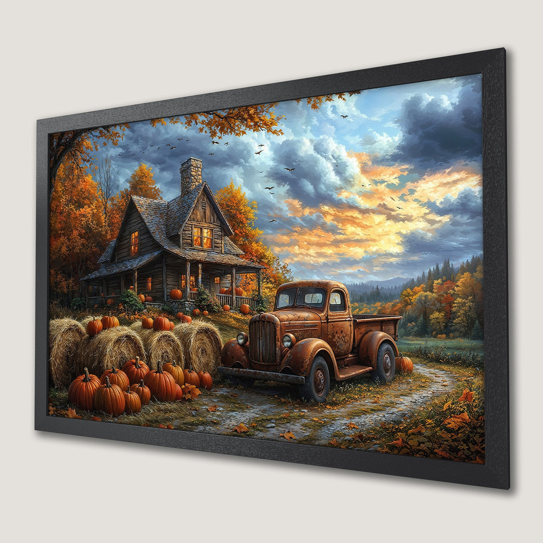 Framed Poster: Rustic autumn scene with cabin, truck, pumpkins, and warm color palette. Perfect fall decor.