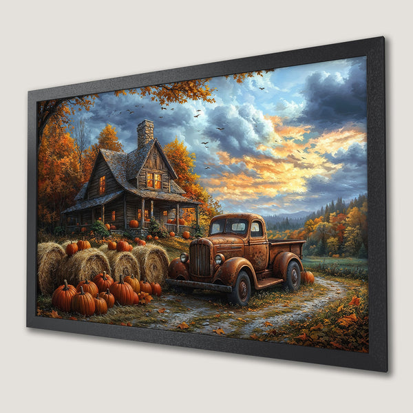 Framed Poster: Rustic autumn scene with cabin, truck, pumpkins, and warm color palette. Perfect fall decor.