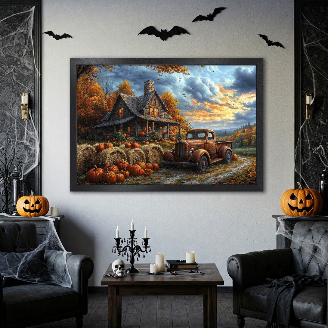 Framed Poster featuring a rustic cabin scene with autumn colors and a vintage truck. Perfect Halloween decor!