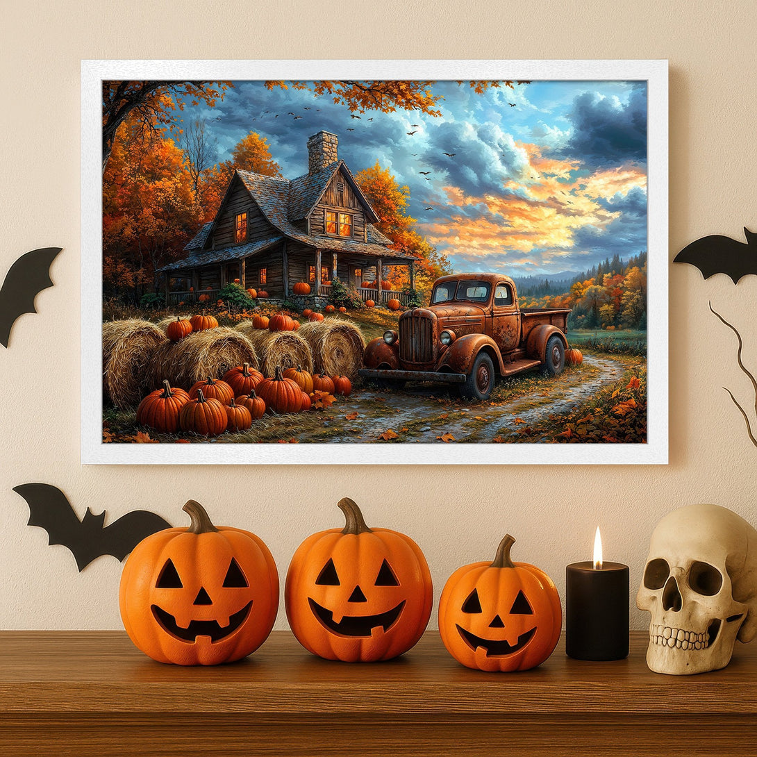 Framed Poster of a cozy cabin scene with a vintage truck, in a warm autumn color palette. Perfect Halloween decor!