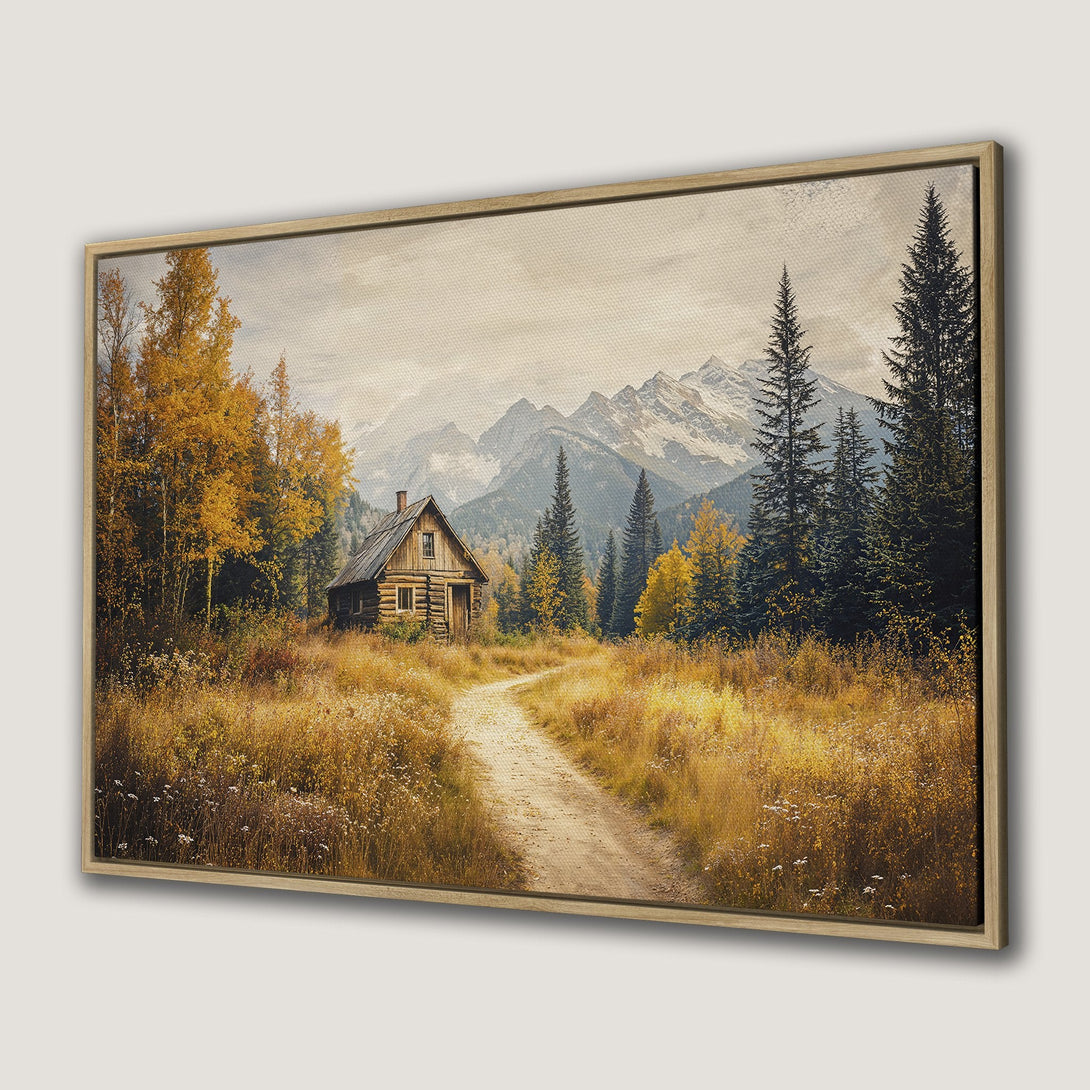 Framed Wall Art: Rustic cabin scene in warm autumn hues. Mountain landscape Canvas Print with yellow, gold, and green tones. Perfect for cozy decor.