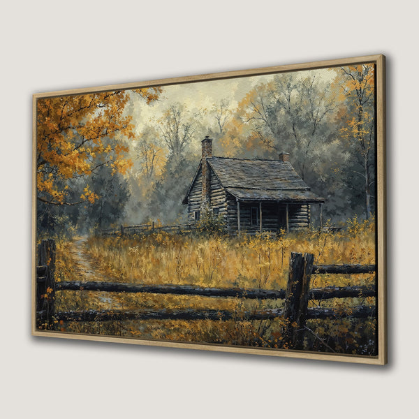 Framed Wall Art: Rustic cabin in autumn forest. Warm, inviting color palette with gold, brown, and gray tones. Perfect for adding cozy charm to any space.