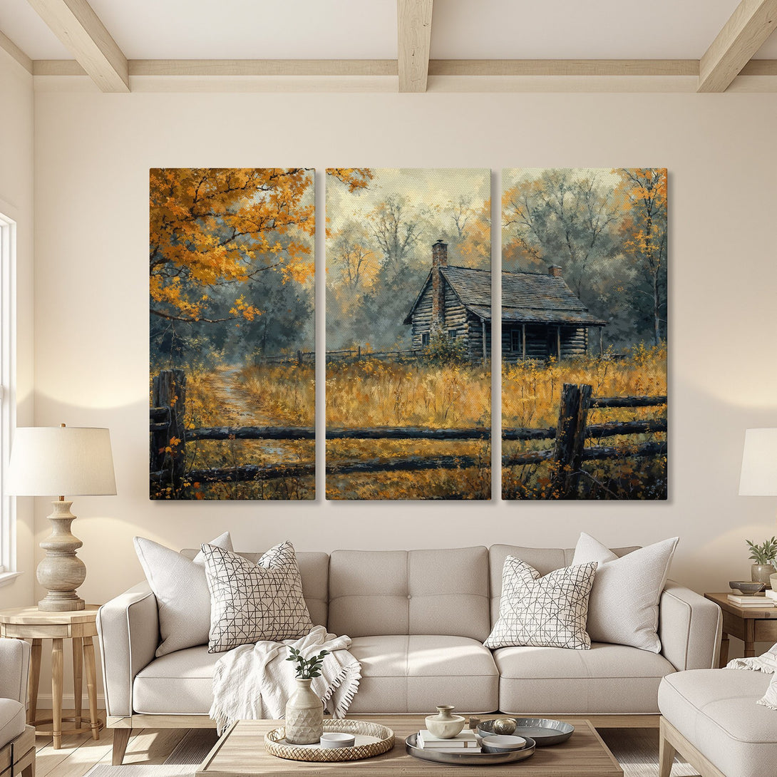 Canvas Print of a rustic cabin scene in warm autumn colors. Perfect for cozy living room decor.