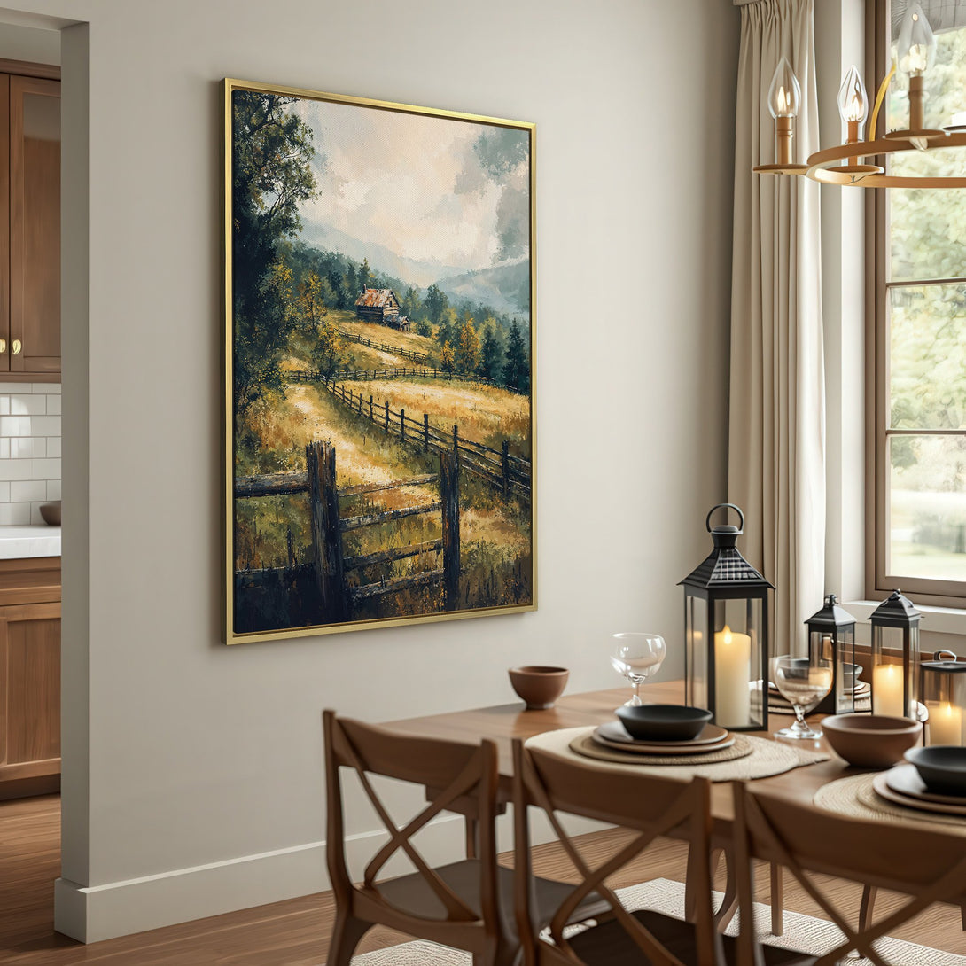 Canvas Print of a rustic landscape painting in warm earth tones. Features a cabin, fence, and field. Perfect for farmhouse decor.