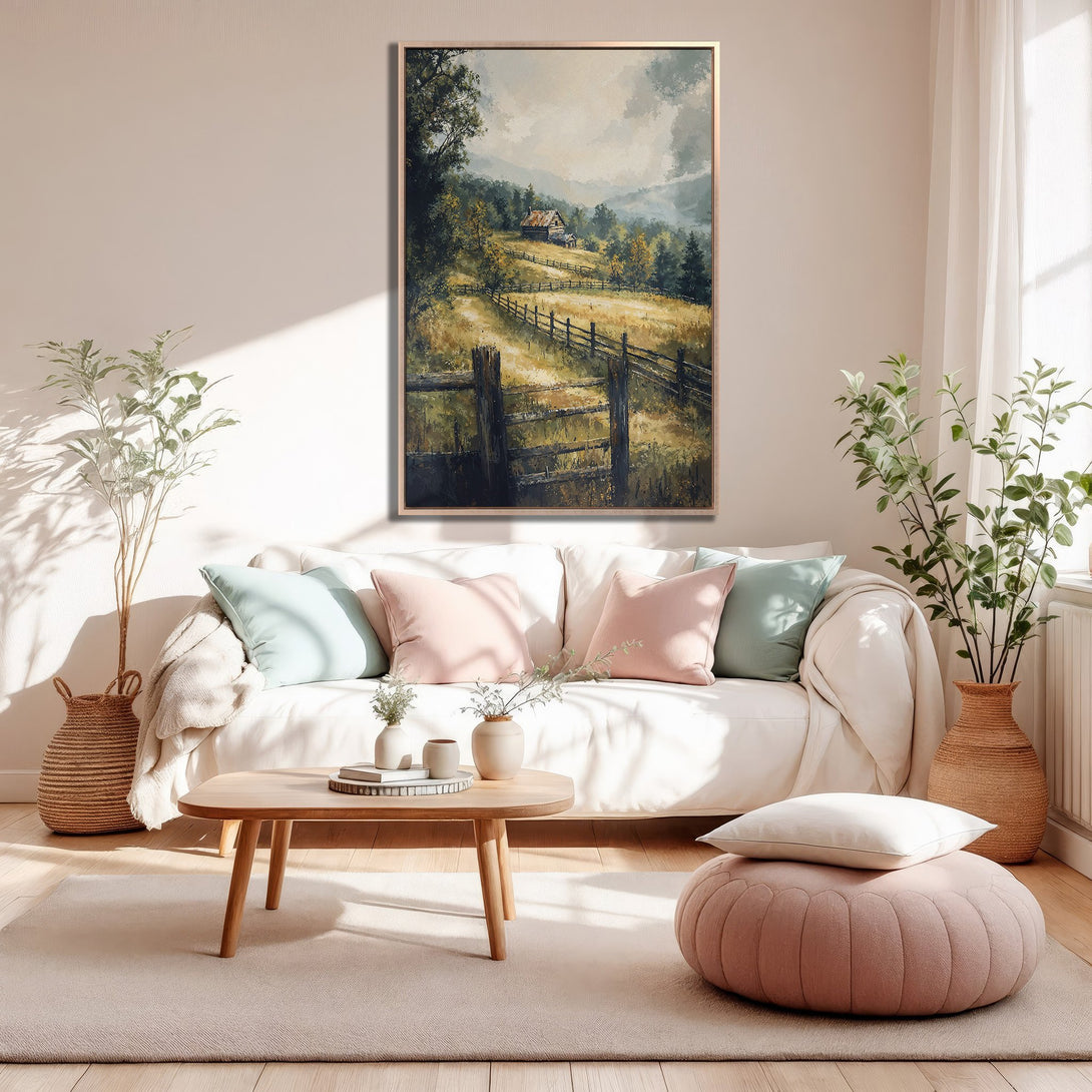 Framed Wall Art: Rustic landscape Canvas Print in warm tones, perfect for adding a cozy, farmhouse style to your living room decor.