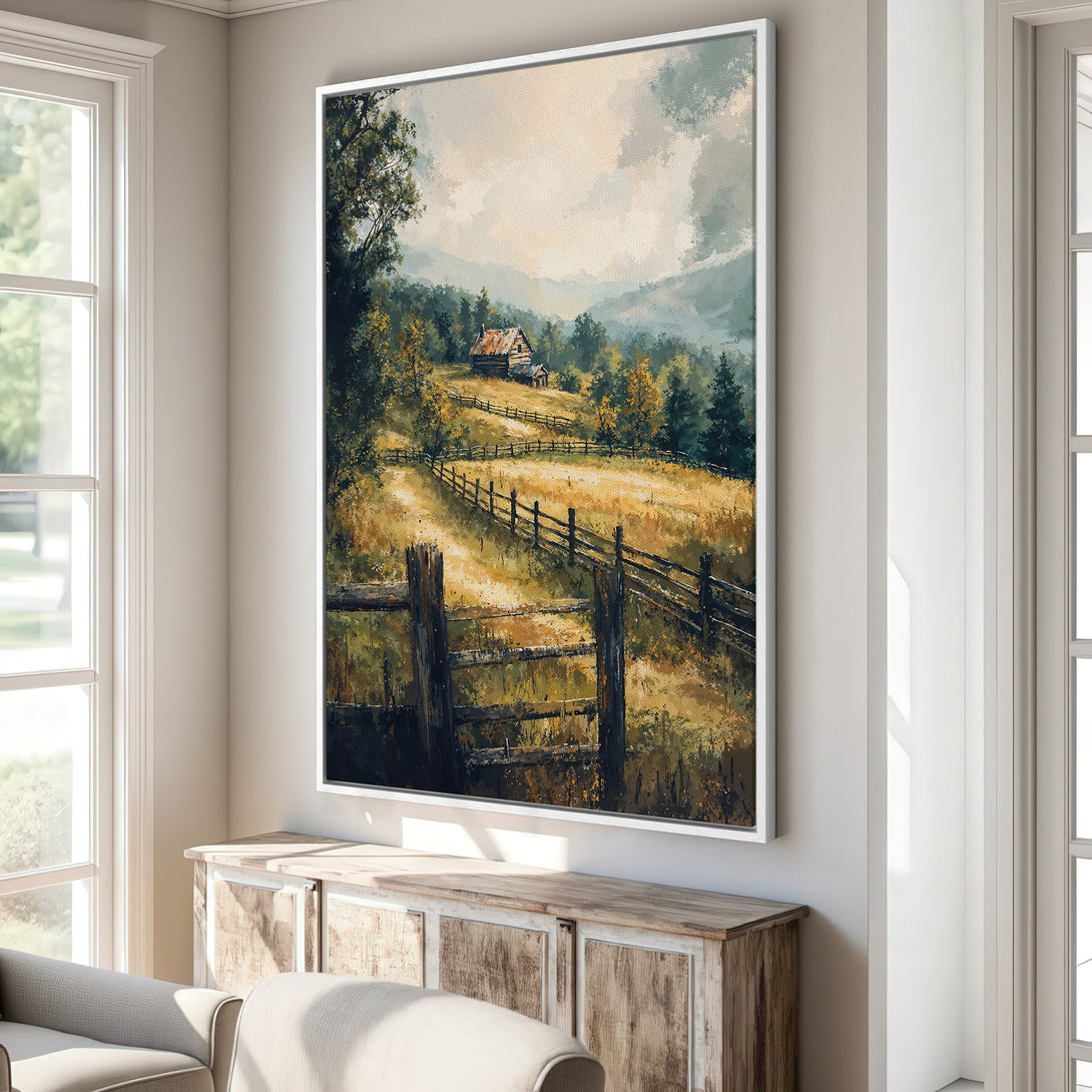 Framed Wall Art: Rustic landscape Canvas Print. Features a serene countryside scene with a warm, earthy color palette. Perfect for adding charm to any space.
