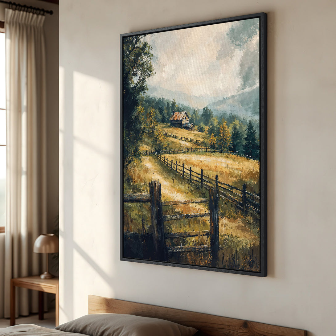 Framed Wall Art: Rustic landscape Canvas Print with a cabin, fence, and warm, earthy color palette. Perfect for adding a cozy touch to your home decor.