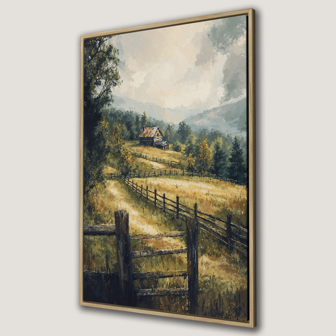 Framed Wall Art Canvas Print of a rustic landscape painting. Features a cabin, fence, and path in a warm, earthy color palette. Perfect for adding charm to your home.