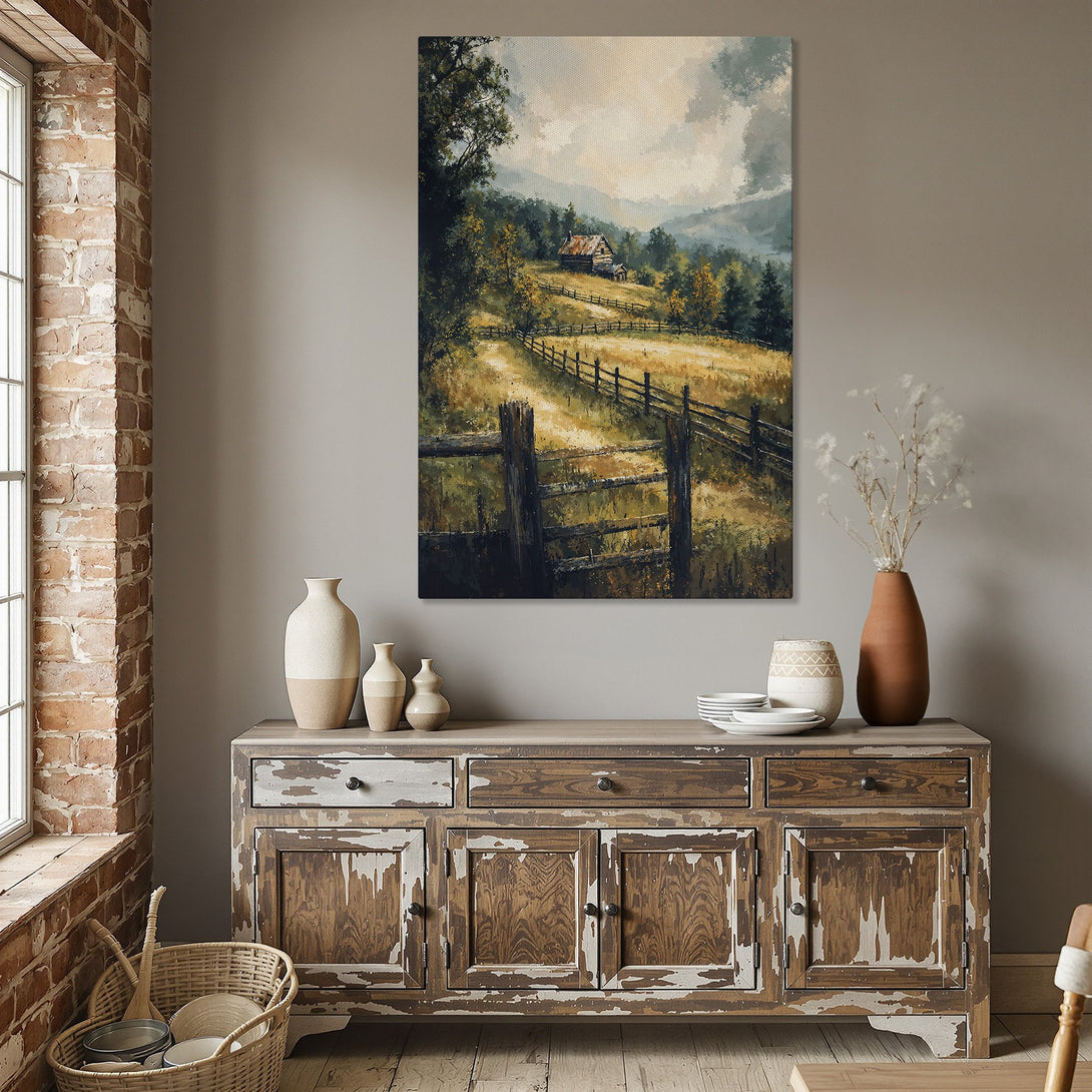 Framed Wall Art: Rustic landscape Canvas Print with warm earth tones. Adds a cozy, inviting feel to any dining room or home decor.