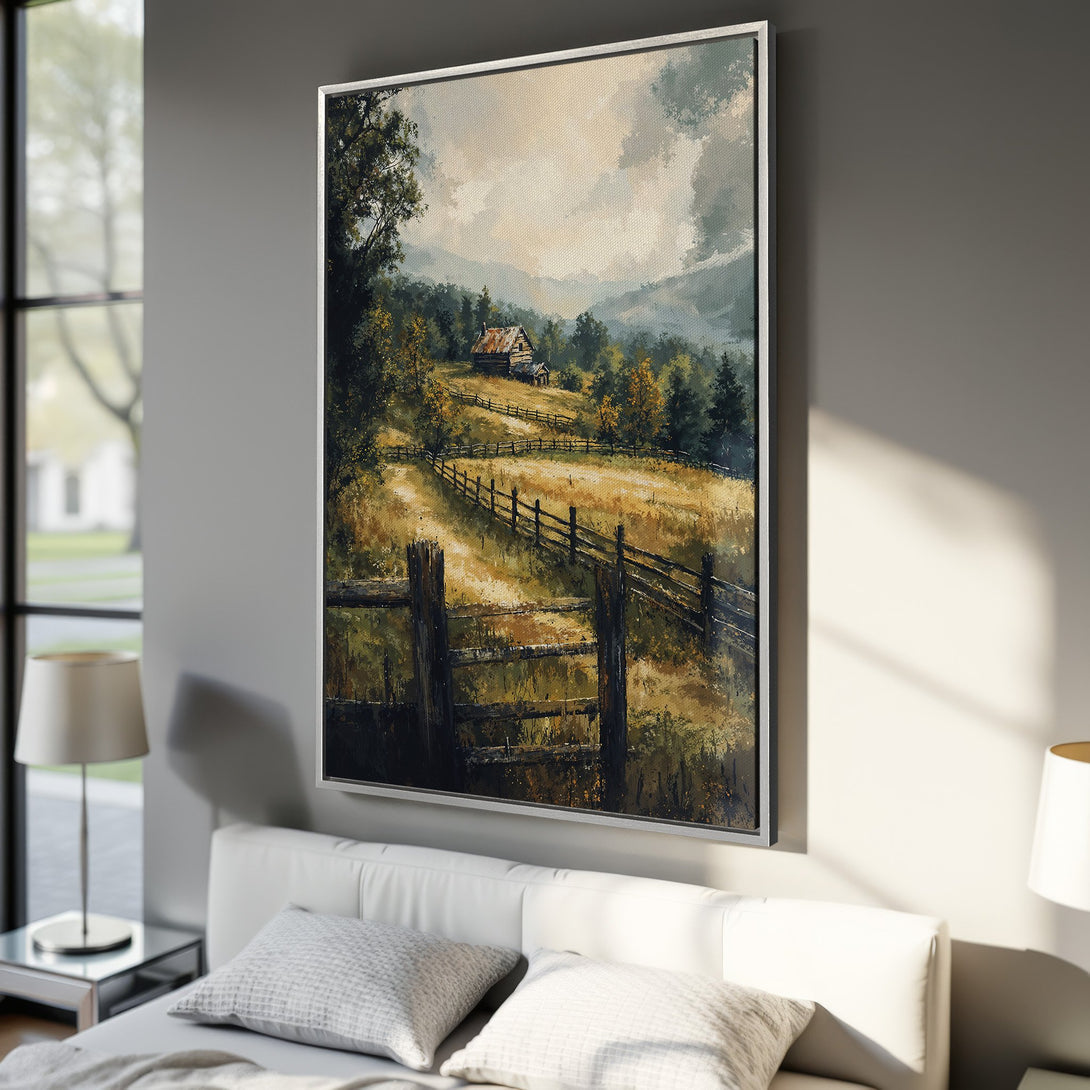 Framed Wall Art: Landscape Canvas Print of a rustic cabin scene. Earthy tones of green, brown, and gold create a warm, inviting atmosphere for your home decor.