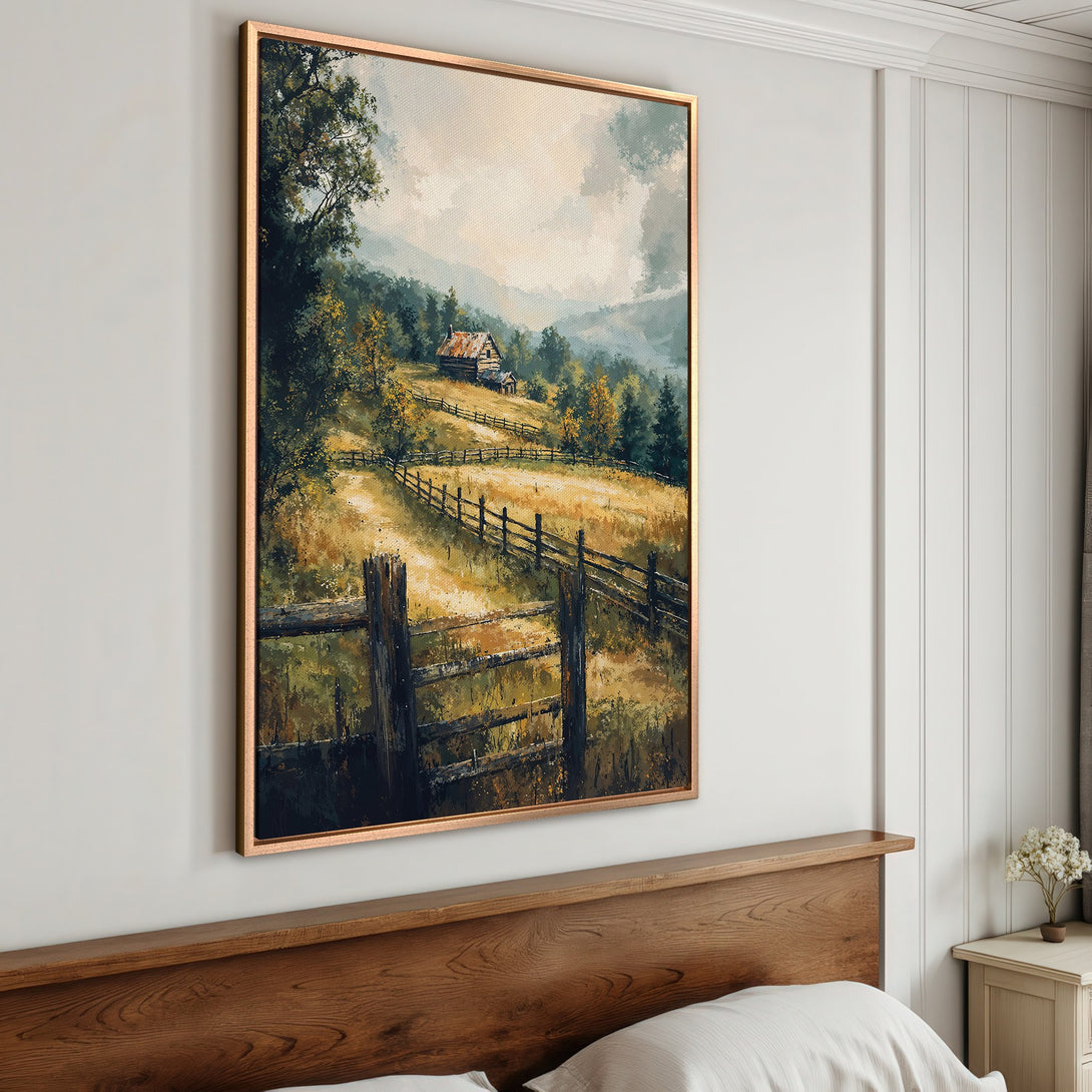 Framed Wall Art: Rustic landscape Canvas Print with warm tones. Depicts a cabin in a field with a fence, painted in a soft, impressionistic style.