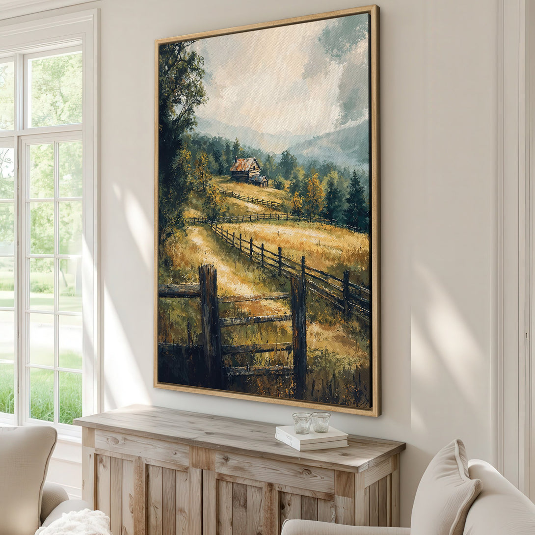 Framed Wall Art: Rustic landscape painting with warm, earthy tones. Captures a serene countryside scene. Perfect for adding a touch of nature to your home decor.