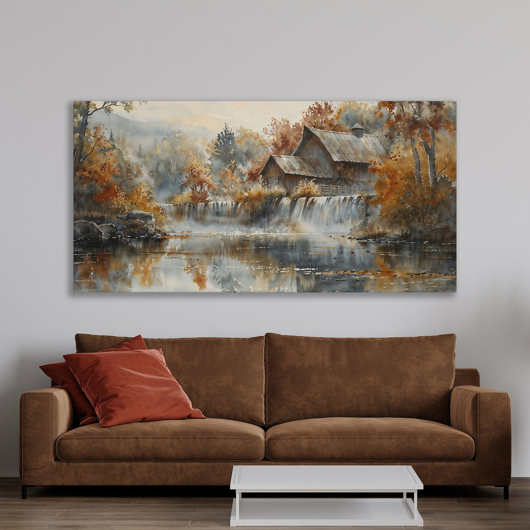 Framed Wall Art: Watercolor landscape Canvas Print featuring a serene waterfall scene in warm autumn tones. Perfect for adding a touch of nature to your home.