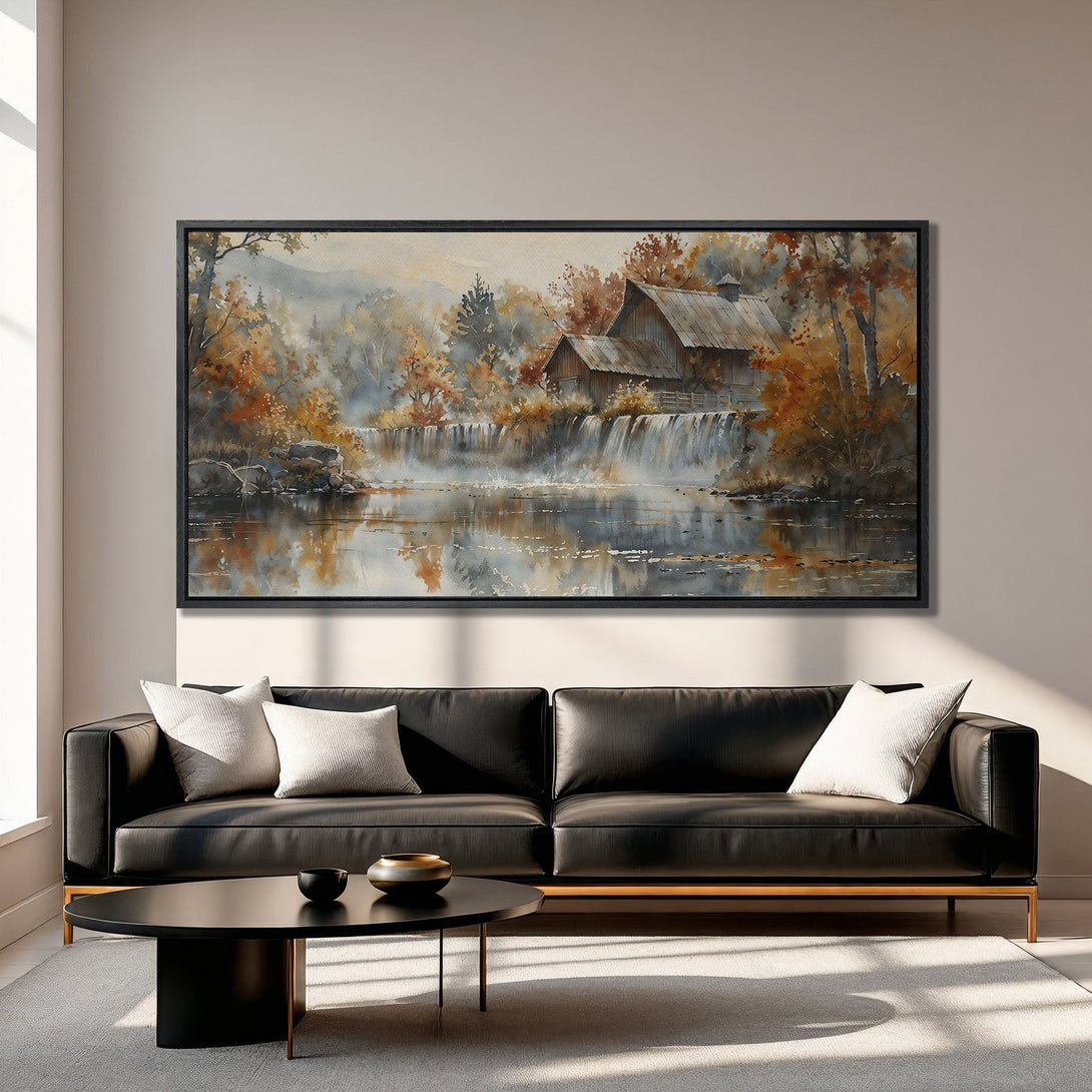 Framed Wall Art: Watercolor landscape Canvas Print with warm autumnal colors. Rustic barn scene creates a cozy, inviting atmosphere.
