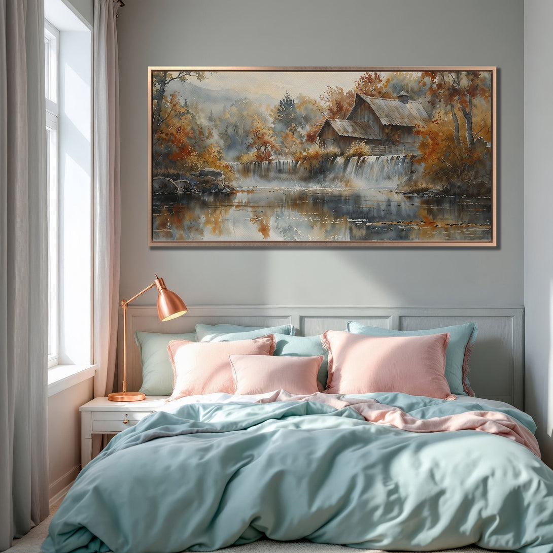 Framed Wall Art: Watercolor landscape canvas print in warm autumn tones, featuring a waterfall scene. Adds a cozy, artistic touch to any bedroom!