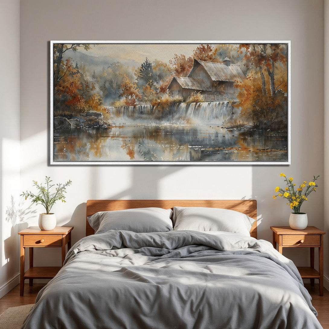 Framed Wall Art: Watercolor landscape Canvas Print featuring a cabin by a waterfall, warm autumn colors. Perfect for bedroom decor.