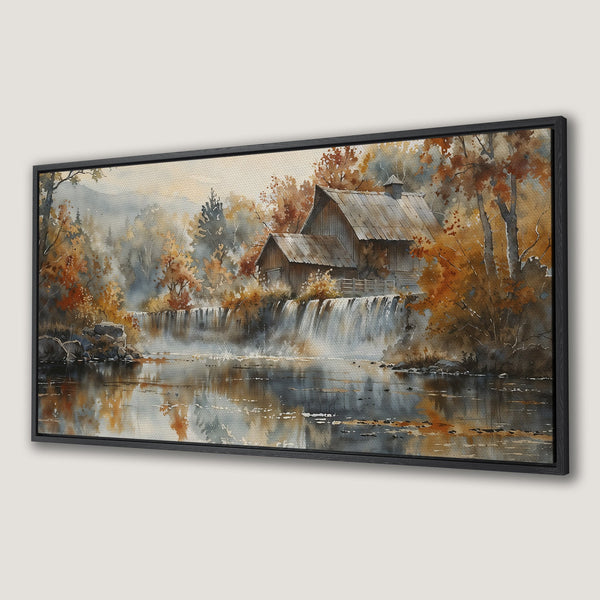 Framed Wall Art: Watercolor landscape of a barn and waterfall in autumn colors. Warm, inviting palette of browns, oranges, and blues. Perfect for home decor.