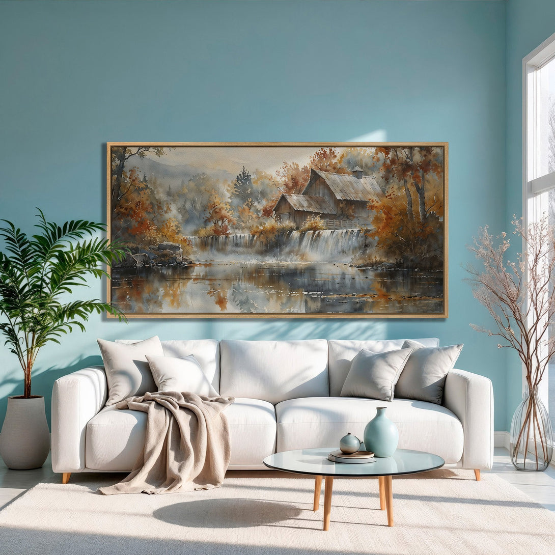Framed Wall Art: Watercolor landscape of a barn and waterfall in warm autumn tones. Perfect for adding a touch of nature to your home decor.