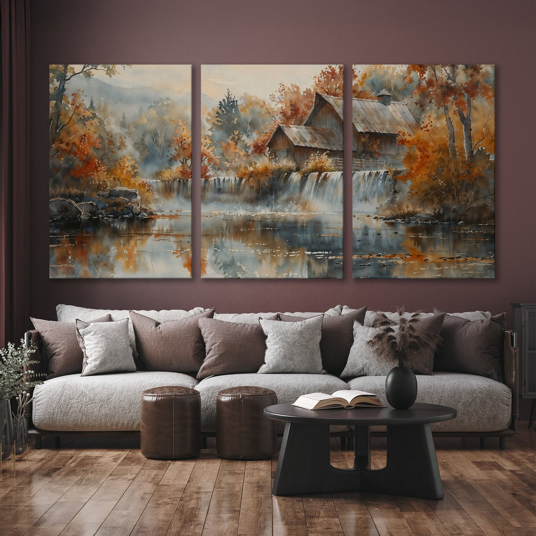 Canvas Print of a serene watercolor landscape with a barn and waterfall, featuring warm autumn colors. Perfect wall art for your home!