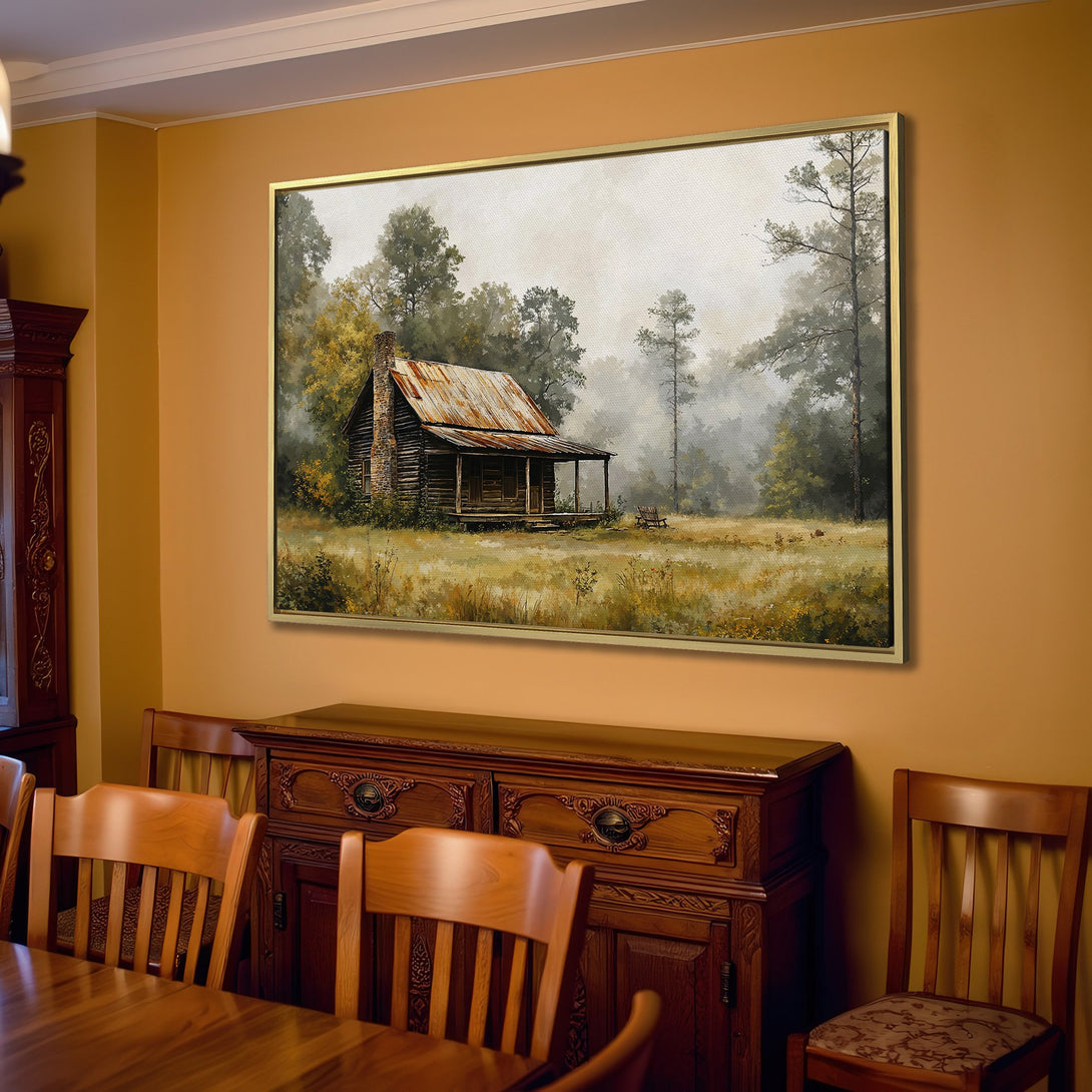 Canvas Print of a rustic cabin landscape painting in warm, earthy tones. Adds a cozy, inviting touch to any living room.