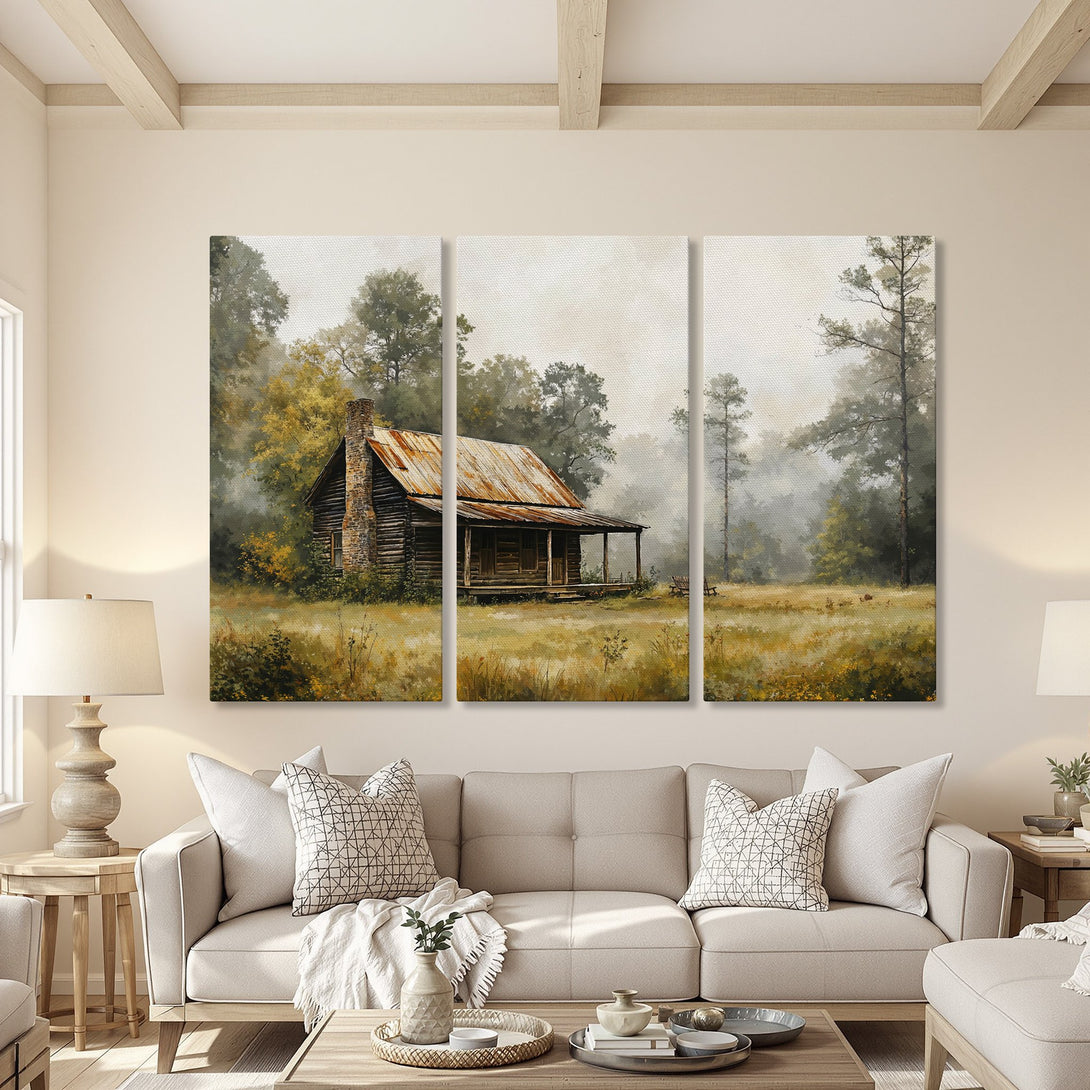Canvas Print of a rustic cabin in a misty forest, warm earthy tones. Perfect for adding a touch of nature to your home decor.