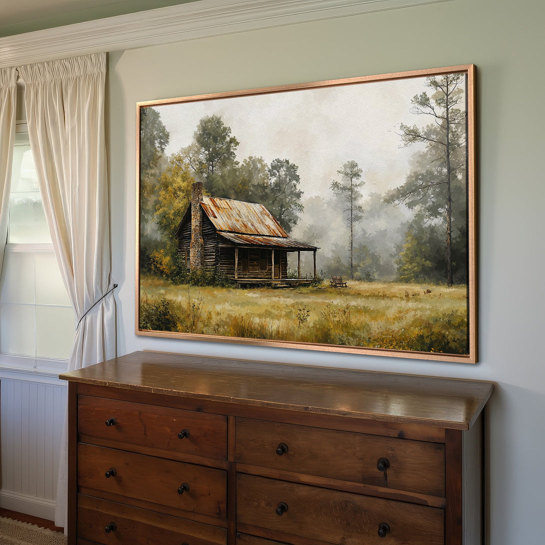 Framed Wall Art: Rustic cabin landscape Canvas Print with warm, earthy tones. Perfect for adding a cozy, vintage feel to your home decor.