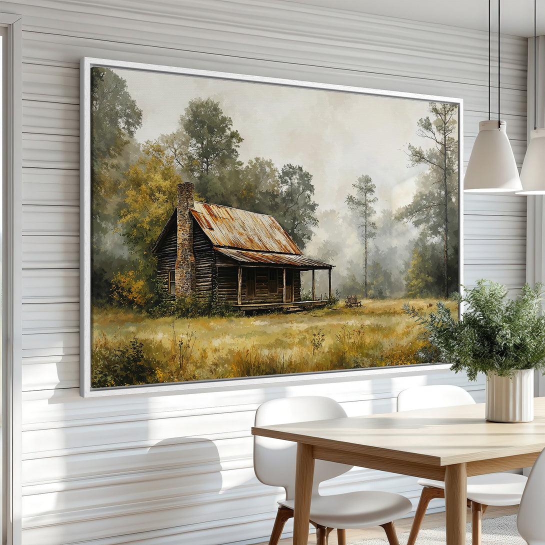 Framed Wall Art: Rustic cabin landscape painting in warm earth tones. Perfect for adding a cozy, inviting touch to your home decor.