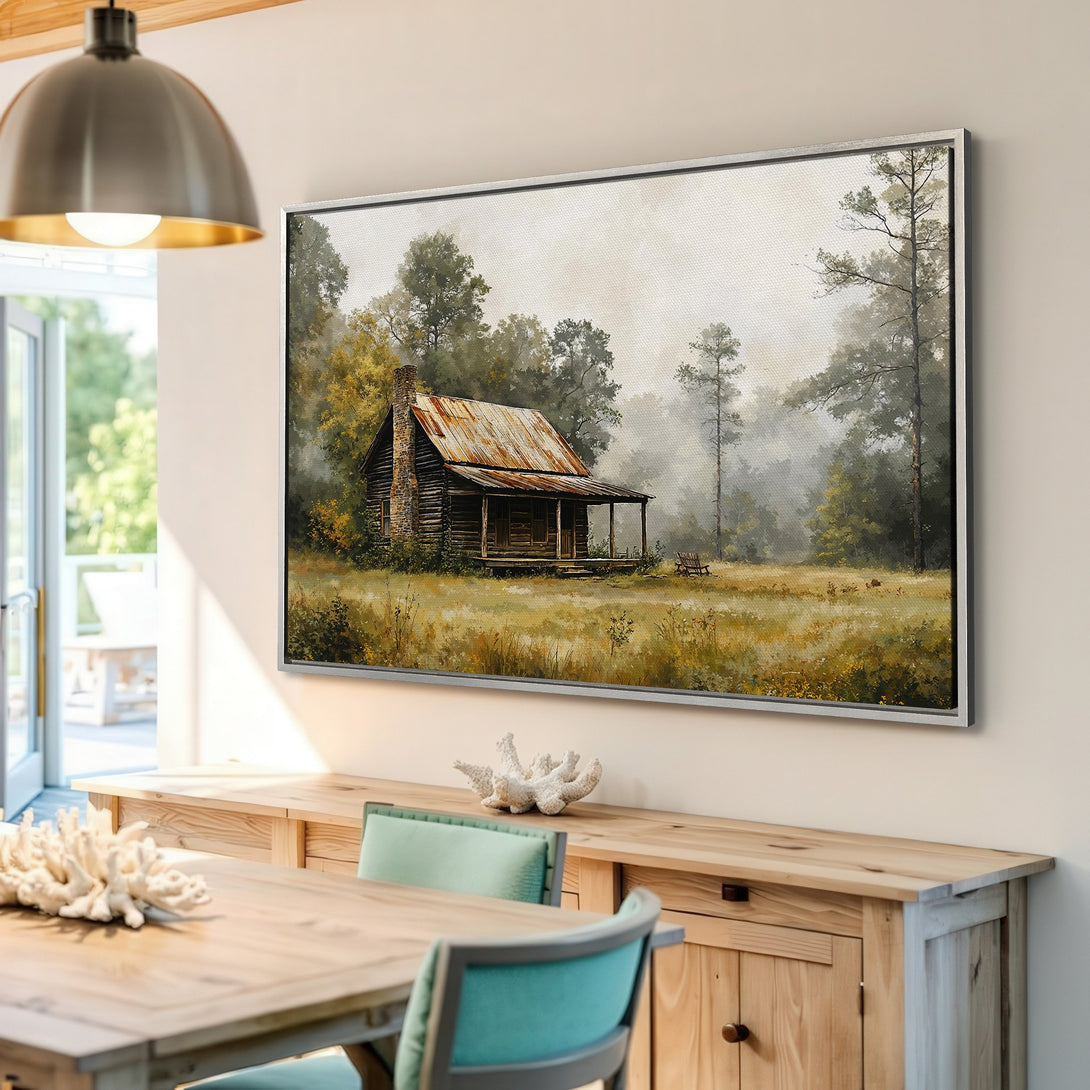 Framed Wall Art: Rustic cabin landscape painting in warm, earthy tones. Perfect for adding a touch of nature and cozy charm to your home.
