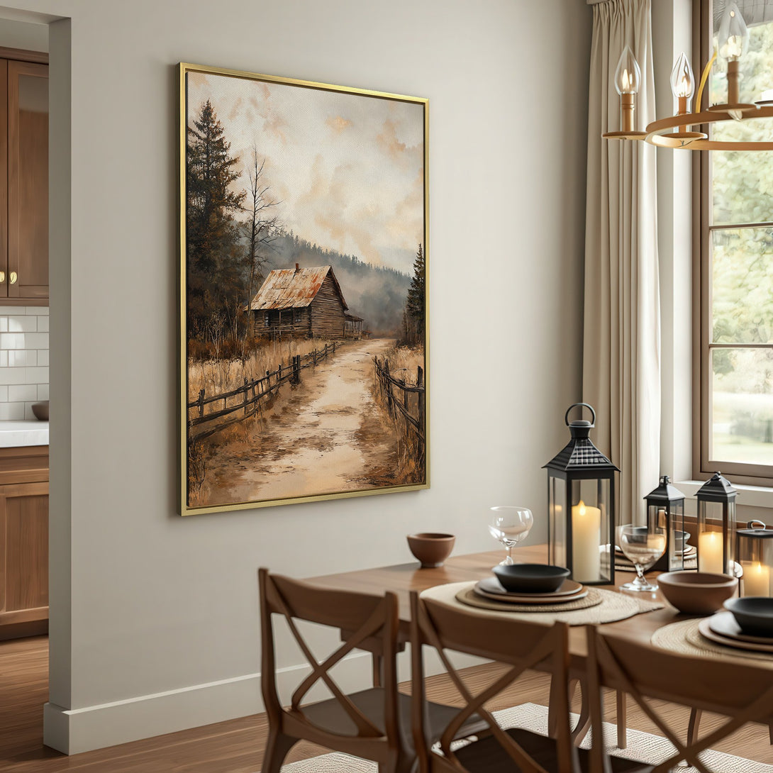Canvas Print of a rustic cabin scene in a warm, neutral color palette, perfect for farmhouse decor.