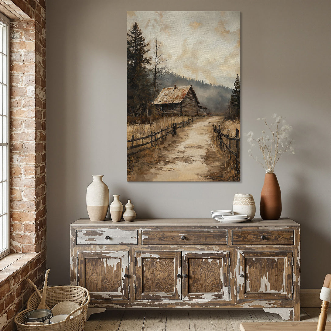 Framed Wall Art featuring a rustic cabin landscape. Warm, earthy tones create a cozy atmosphere. Perfect for adding a touch of nature to your dining room.