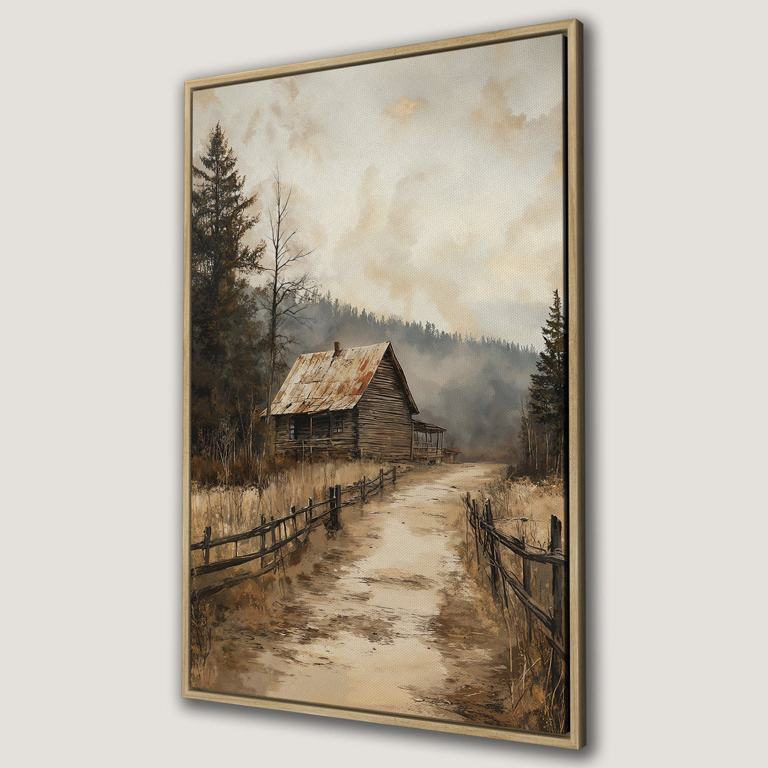 Framed Wall Art featuring a rustic cabin scene with a muted, earthy color palette. This canvas print adds a cozy, vintage touch to any space.