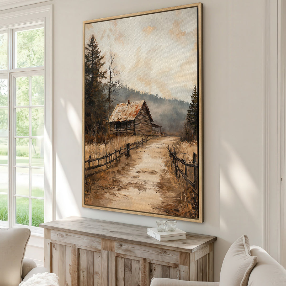 Framed Wall Art: Rustic cabin scene in warm earth tones. Landscape Canvas Print adds cozy, vintage charm to any room. Perfect for farmhouse decor!