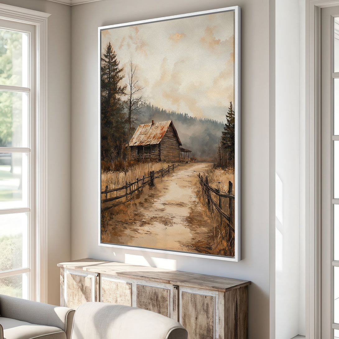 Framed Wall Art: Rustic cabin landscape in warm, earthy tones. Perfect for adding a cozy, vintage feel to any space. Shop now!