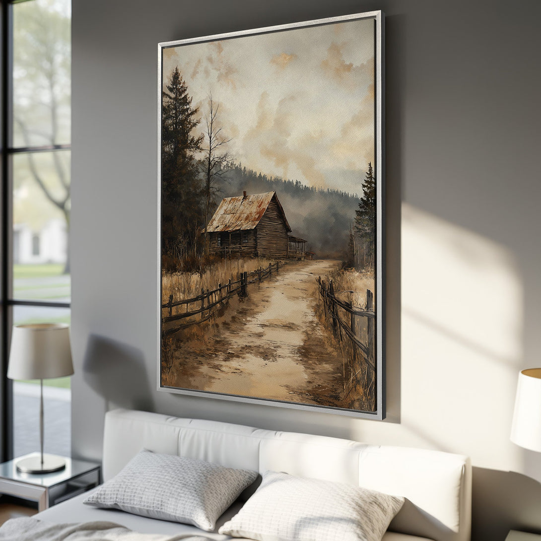 Framed Wall Art: Rustic cabin landscape canvas print in warm, earthy tones. Perfect for adding a cozy, vintage-inspired touch to your home decor.