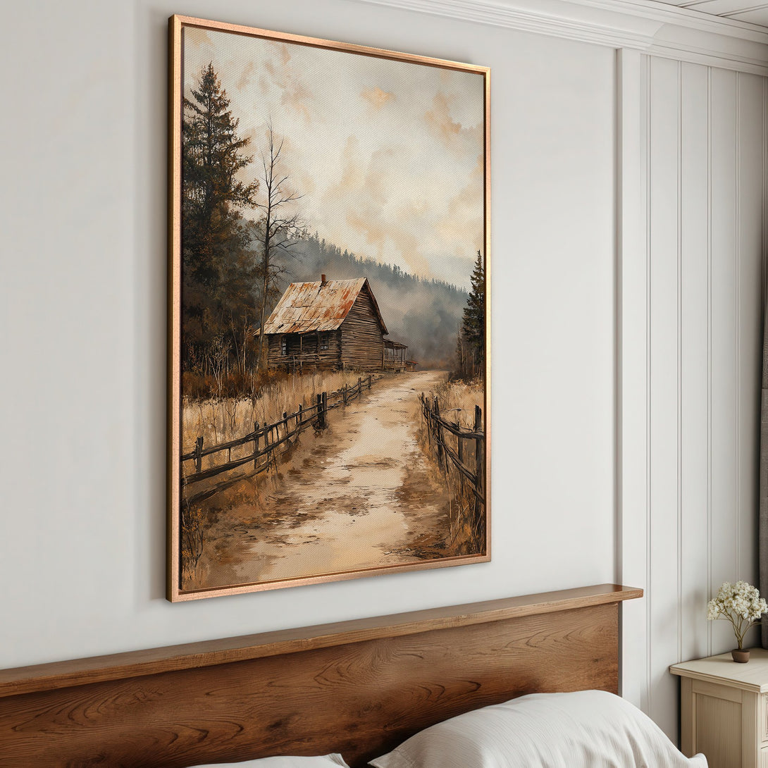 Framed Wall Art: Rustic cabin landscape in warm earth tones. Perfect for adding a cozy, vintage feel to any space. Shop our Canvas Print collection today!